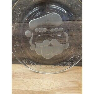 Anchor Hocking Santa Face Platter 12" Merry Christmas Clear Frosty Round Plate